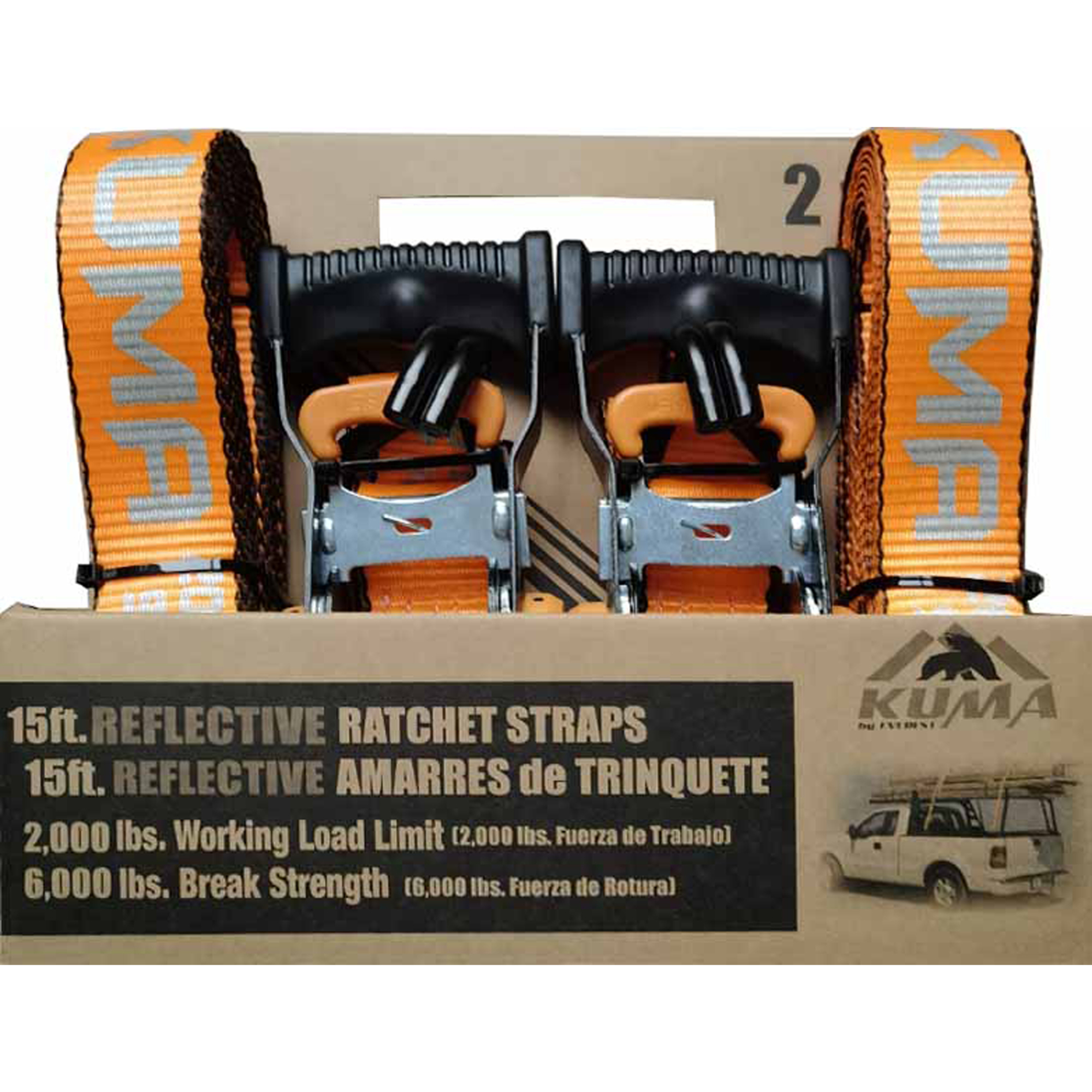 Everest Heavy-Duty Reflective Ratchet Strap — 1.5in. x 15ft., 2000 lbs. WLL, Ergonomic Handles, 2-Pack, Model# E2000-R